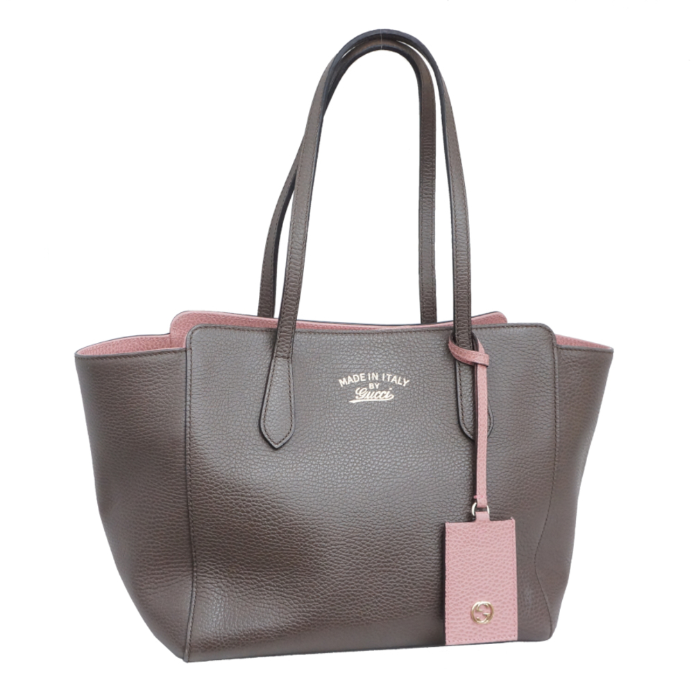 Gucci Swing Tote Bag Charcoal Brown Pink Leather Handbag